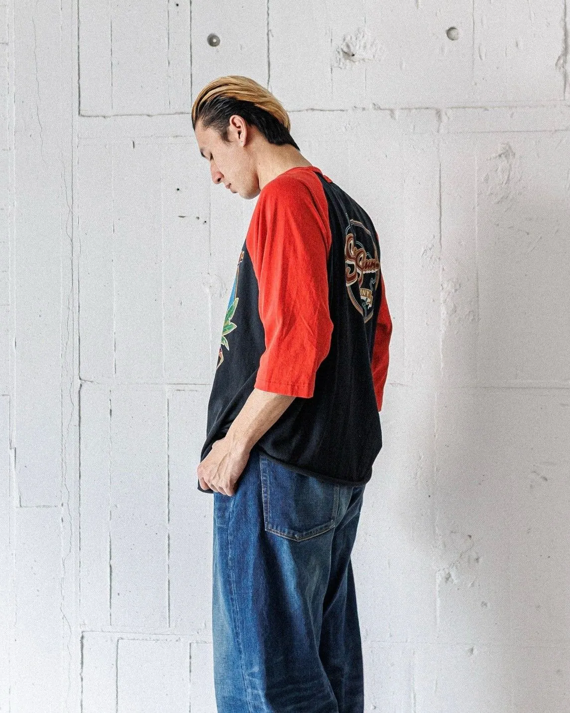 SAINT Mxxxxxx × LASTMAN LM_SS TEE/SNT NOISE/BLK Jesus horn sleeve color block TEE Black and red S-XL LAST MAN co-branded model Customized accessories Completely matched Horn sleeve color block Unlocked design Natural rewinding after washing Unique and handsome Top printing technology Undifferentiated restoration Cylindrical side seam fabric technology Top purchasing level
